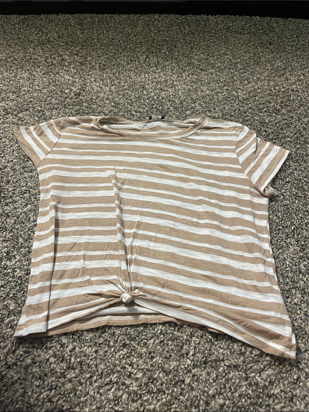 TeenBell Beige and White Striped Knot-Front Short Sleeve Tee